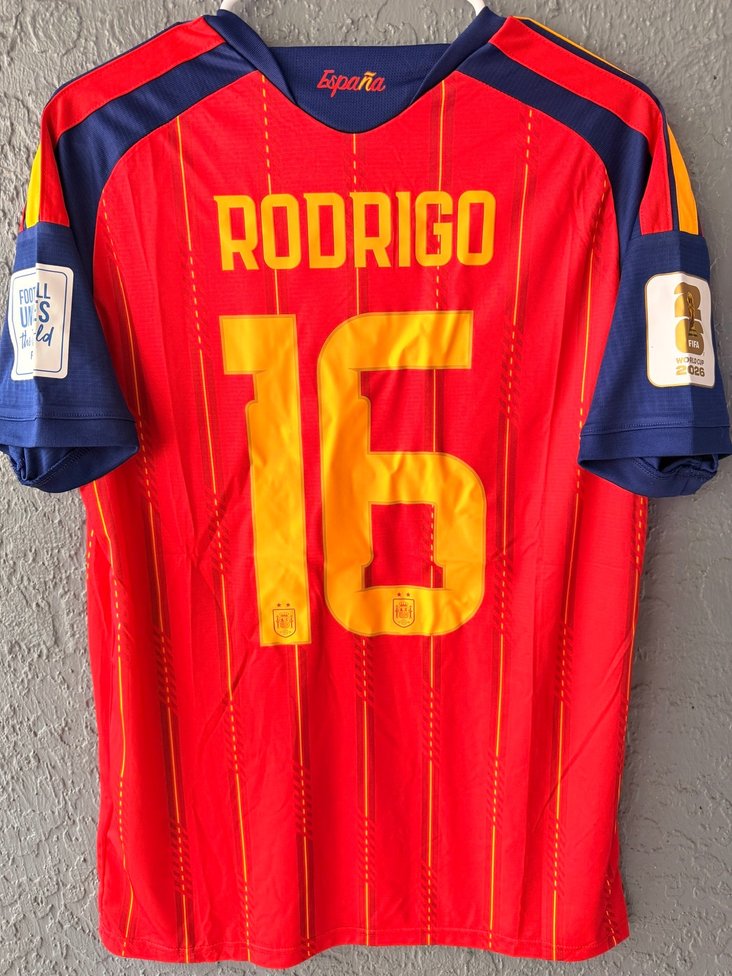 Spain Rodrigo #16 2026 Home Red Soccer Jersey Fan Version Men Size