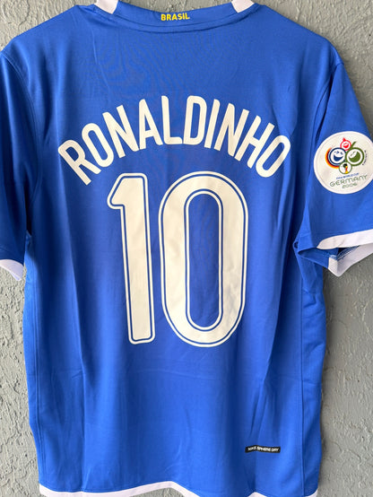 Brazil Ronaldinho #10 2006 Away Blue Retro Soccer Jersey Men