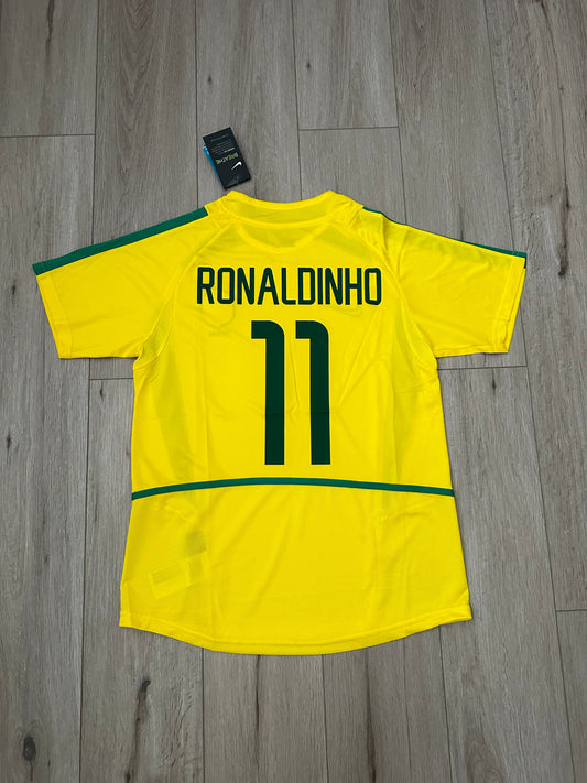 Brazil Ronaldinho #11 2002 Home Yellow Retro Soccer Jersey Men