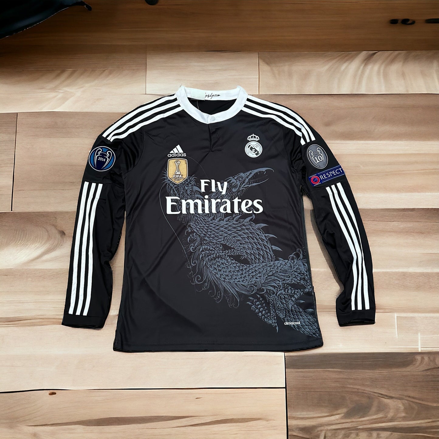 Real Madrid Cristiano Ronaldo CR7 #7 2014 Black Away Long Sleeve Soccer Jersey Men Dragon