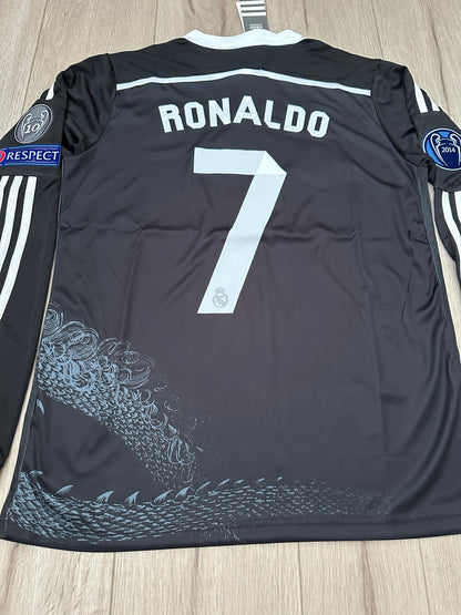 Real Madrid Cristiano Ronaldo CR7 #7 2014 Black Away Long Sleeve Soccer Jersey Men Dragon