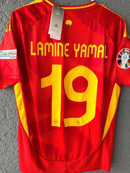Spain Lamine Yamal #19 Soccer Jersey Red Home FINAL 2024 Eurocup Men Size Team