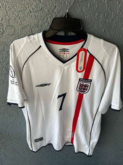 England David Beckham #7 Retro Soccer Jersey Home White FWC 2002 Men Size Shirt