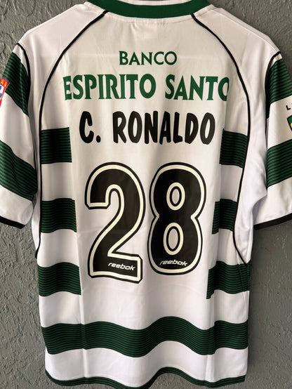 Sporting Lisbon Cristiano Ronaldo #28 2002/03 Home Green White Retro Soccer Jersey Men