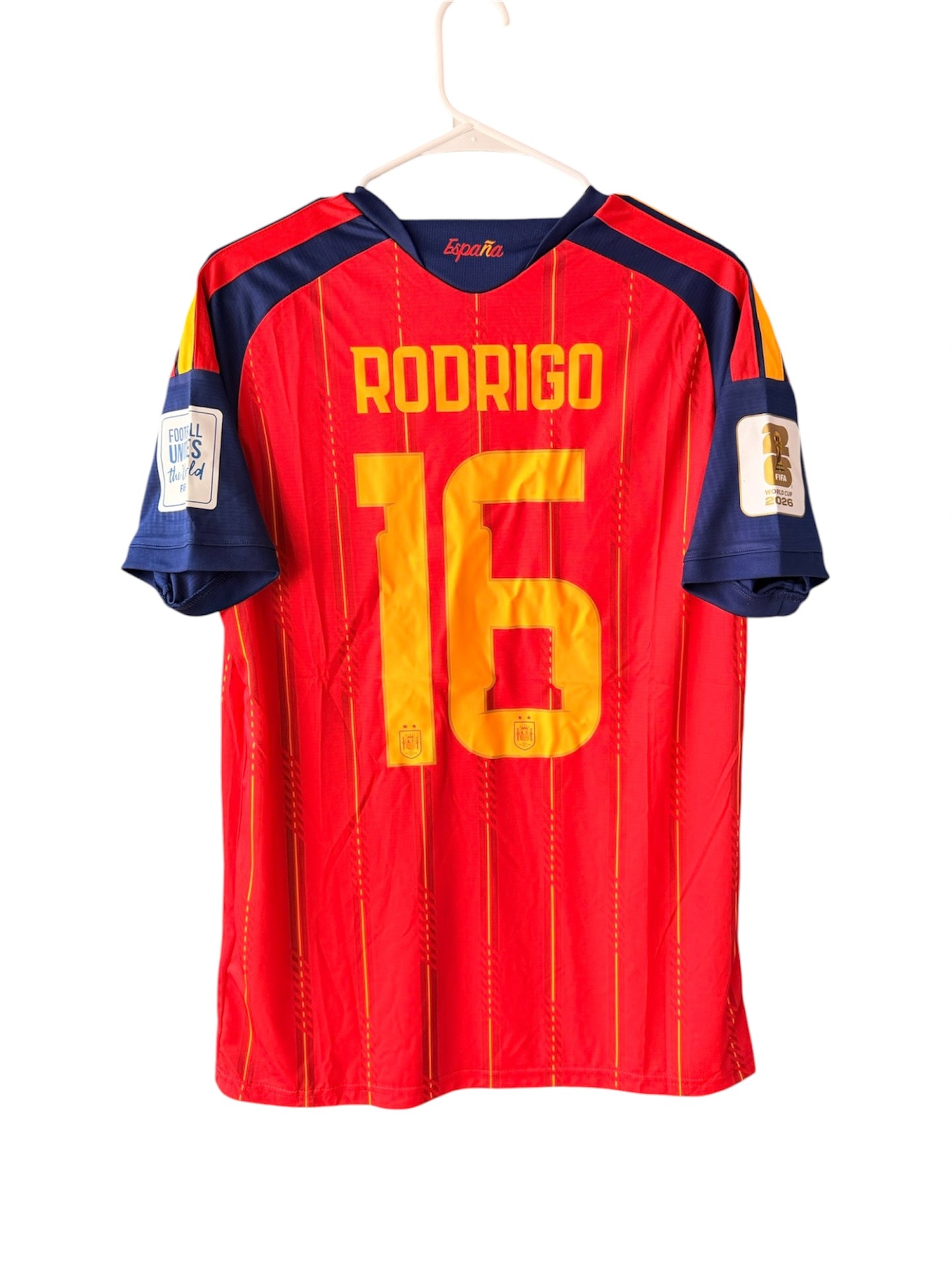Spain Rodrigo #16 2026 Home Red Soccer Jersey Fan Version Men Size