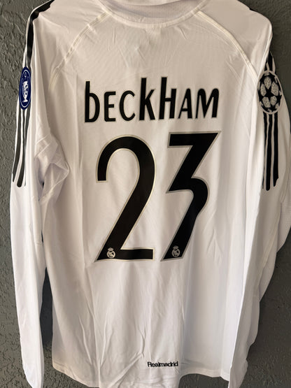Real Madrid 2003/04 Retro Soccer Jersey – David Beckham #23 – White Long Sleeve Men