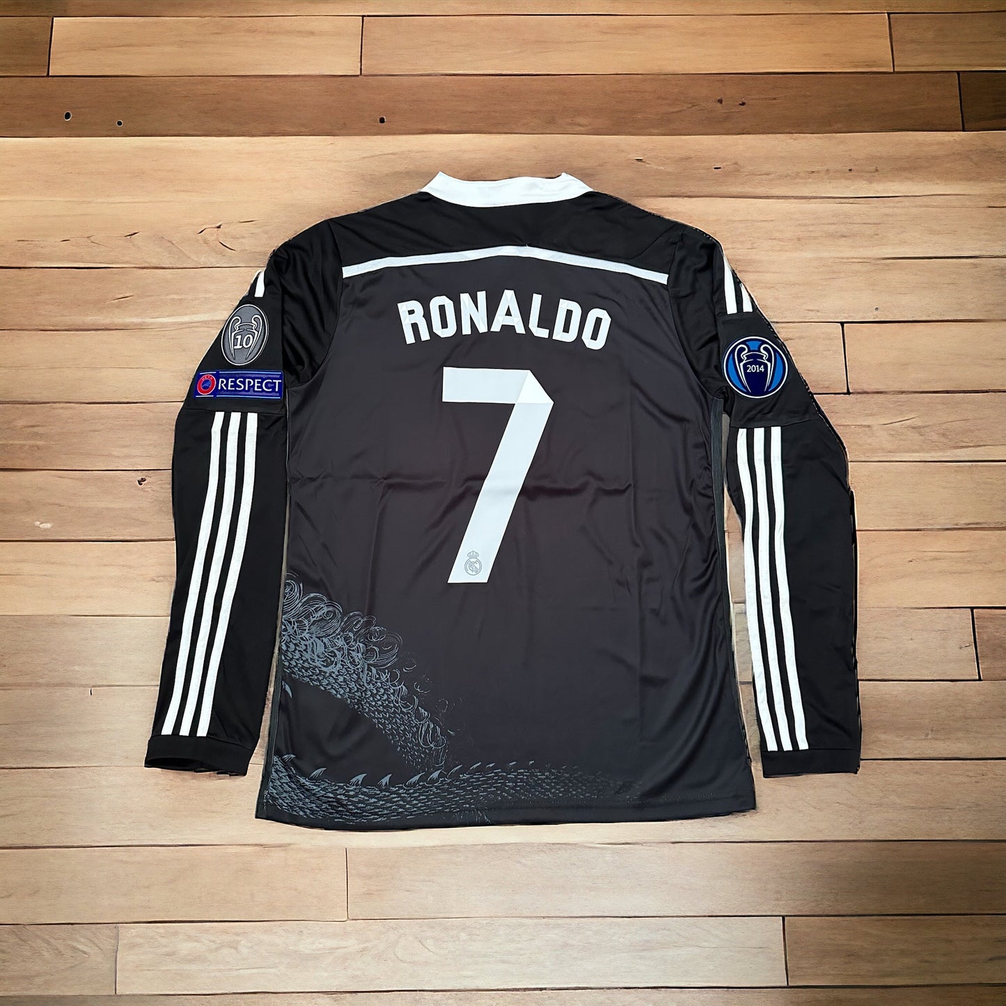 Real Madrid Cristiano Ronaldo CR7 #7 2014 Black Away Long Sleeve Soccer Jersey Men Dragon